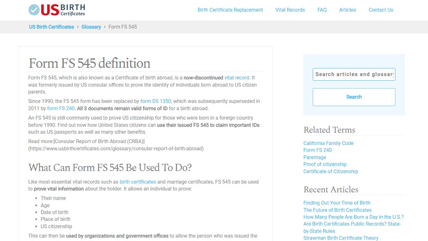 Form FS 545: Certificate of Birth Abroad - US Birth Certificates